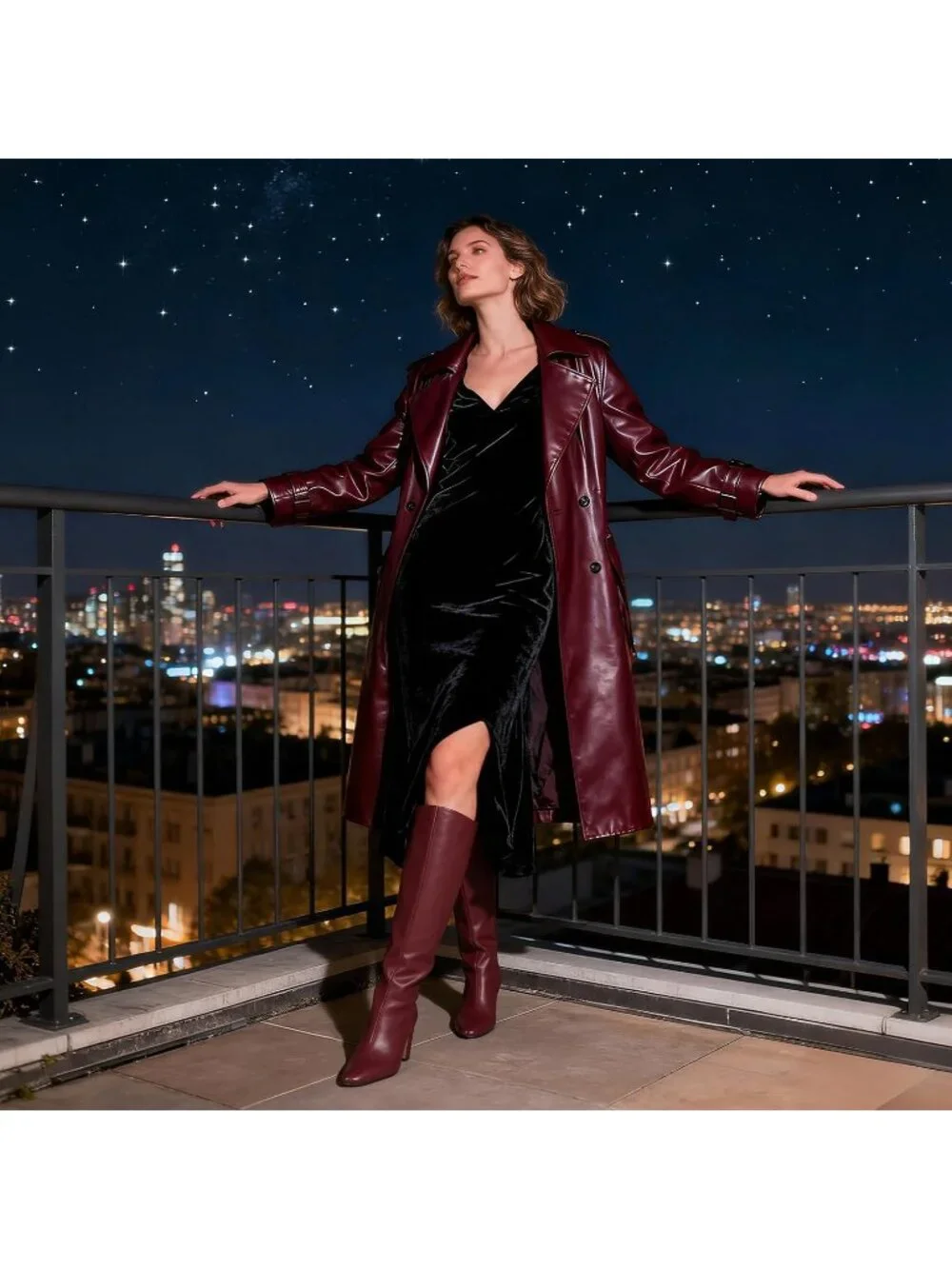 Women's Winered Faux Leather Comfortable Square Toe Chunky High Knee High Boots